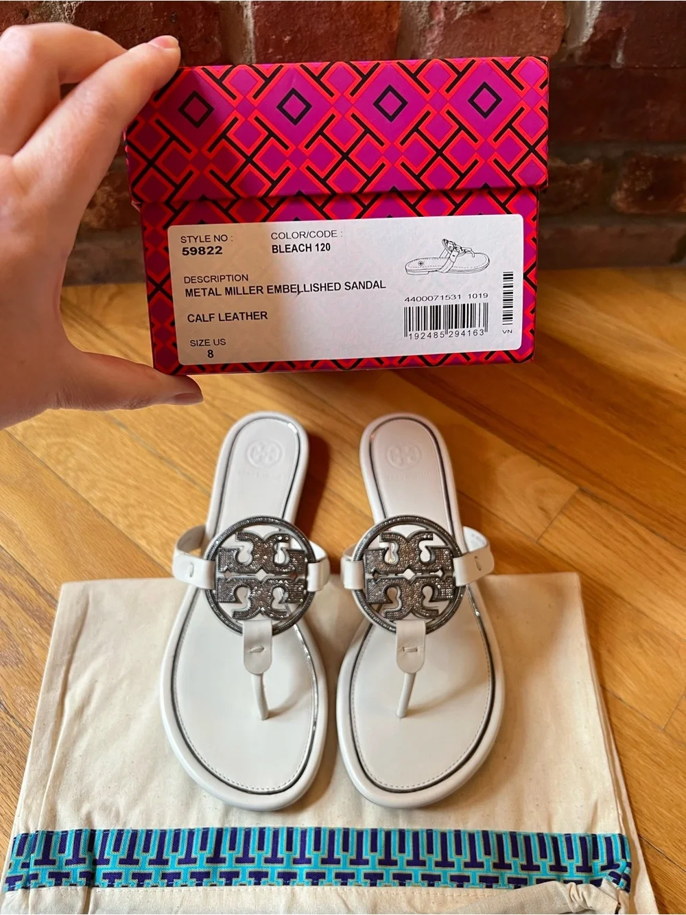 Tory Burch Ivory & Silver Metal Crystal Embellished Miller Sandals